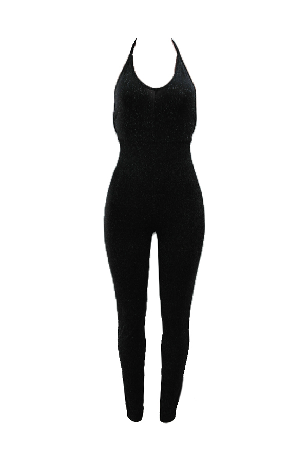  Sexy V Neck Backless Black Polyester One-piece Jumpsuits