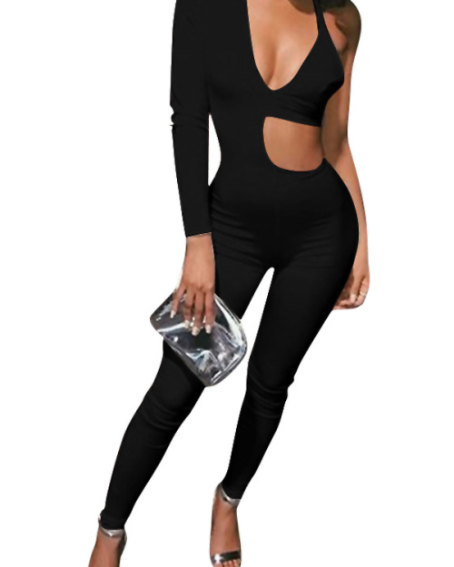 Sexy V Neck Hollow-out Asymmetrical Black Polyester One-piece Jumpsuits Sexy V Neck Hollow-out Asymmetrical Black Polyester One-piece Jumpsuits
