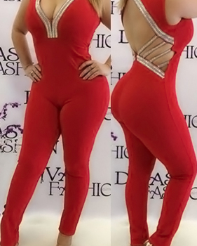 Sexy V Neck Hollow-out Red Polyester One-piece Jumpsuits Sexy V Neck Hollow-out Red Polyester One-piece Jumpsuits