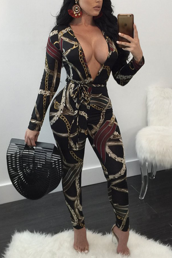  Sexy V Neck Printed Black Polyester One-piece Jumpsuits