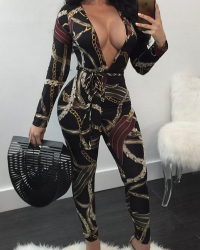  Sexy V Neck Printed Black Polyester One-piece Jumpsuits