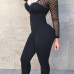 Sexy V Neck See-Through Net Yarn Splicing Black Polyester One-piece Jumpsuits