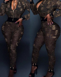  Sexy V Neck See-Through Printing Black Polyester One-piece Jumpsuits(Without Necklet )