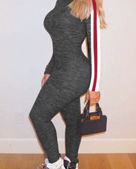  Sexy V Neck Zipper Design Striped Patchwork Grey Cotton Blends One-piece Jumpsuits