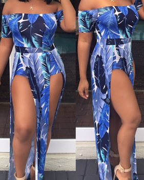  Stylish Bateau Neck Side Slit Feather Printed Blue Polyester One-piece Jumpsuits