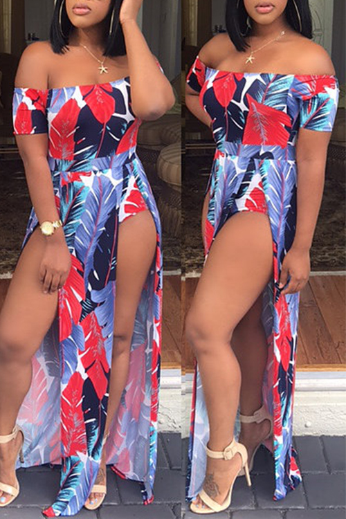  Stylish Bateau Neck Side Slit Feather Printed Red Polyester One-piece Jumpsuits