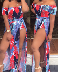  Stylish Bateau Neck Side Slit Feather Printed Red Polyester One-piece Jumpsuits
