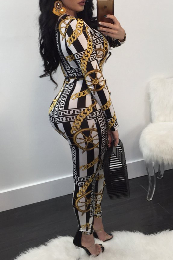  Stylish Deep V Neck Print Polyester One-piece Jumpsuits