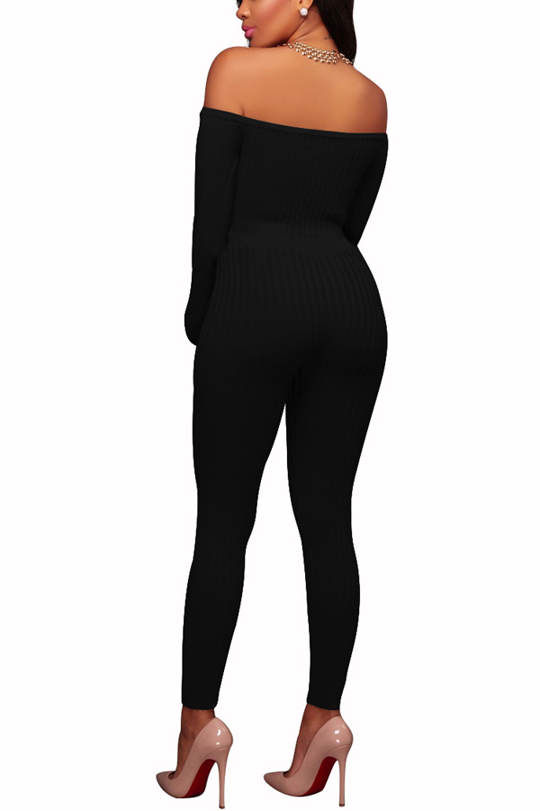  Stylish Dew Shoulder Black Polyester One-piece Jumpsuits