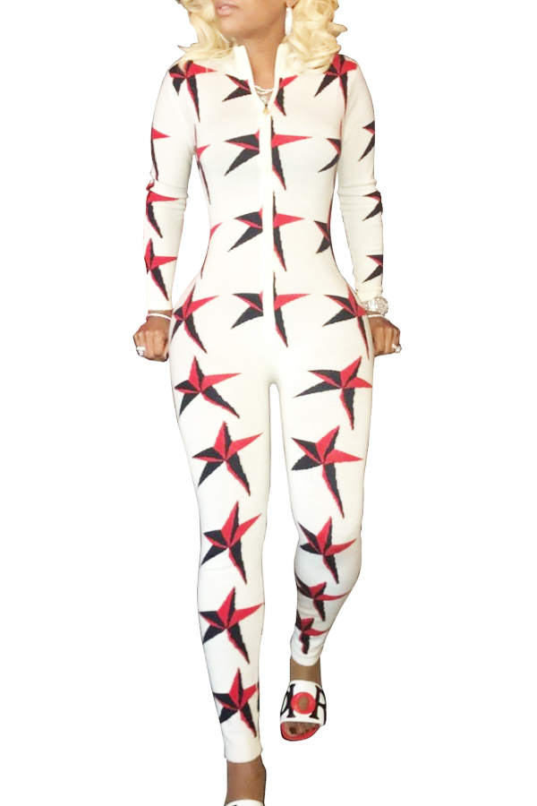  Stylish Printed Zipper Design Cotton Blends One-piece Skinny Jumpsuits