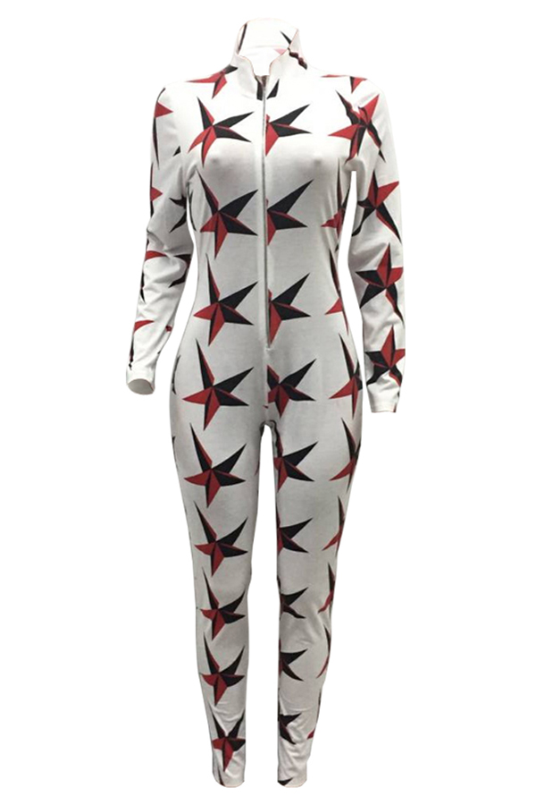  Stylish Printed Zipper Design Cotton Blends One-piece Skinny Jumpsuits