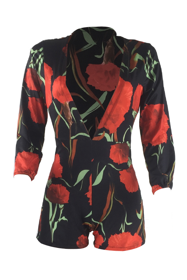  Stylish V Neck Printed Black Milk Fiber One-piece Skinny Jumpsuits