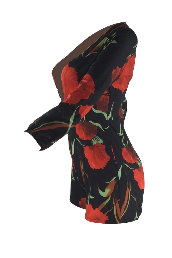  Stylish V Neck Printed Black Milk Fiber One-piece Skinny Jumpsuits