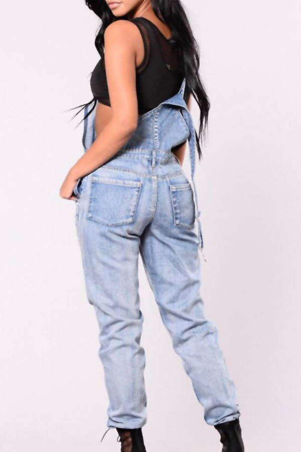  Trendy Broken Holes Baby Blue Denim One-piece Jumpsuits