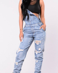  Trendy Broken Holes Baby Blue Denim One-piece Jumpsuits