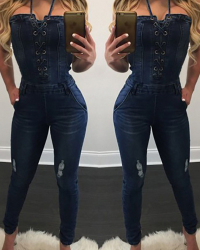  Trendy Dew Shoulder Dark Blue Denim One-piece Jumpsuits