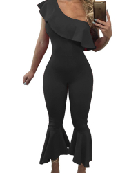  Trendy Dew Shoulder Falbala Design Black Polyester One-piece Jumpsuits