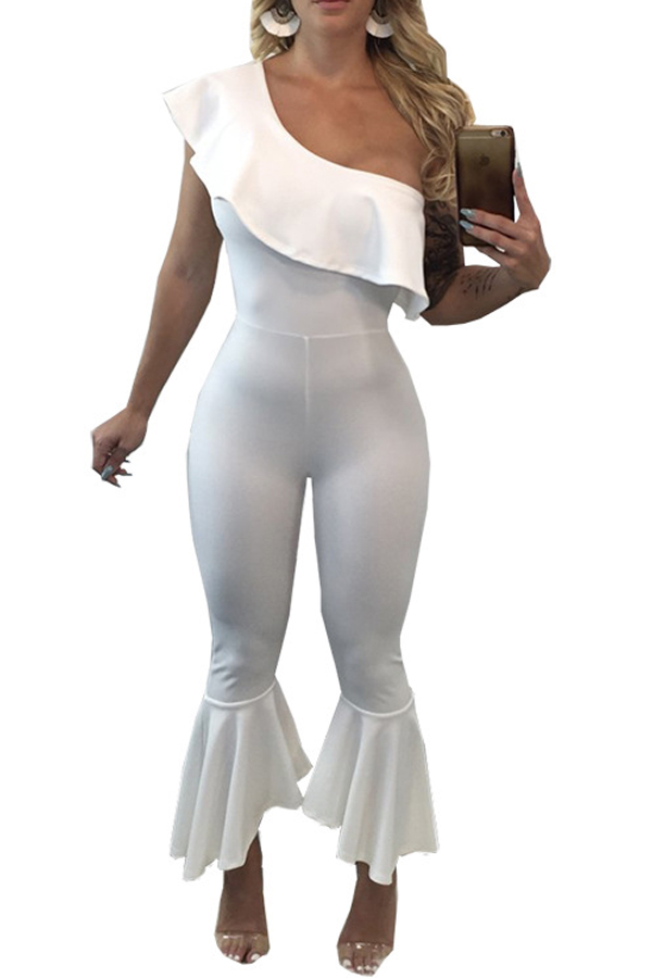  Trendy Dew Shoulder Falbala Design White Polyester One-piece Jumpsuits