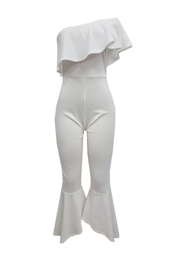  Trendy Dew Shoulder Falbala Design White Polyester One-piece Jumpsuits