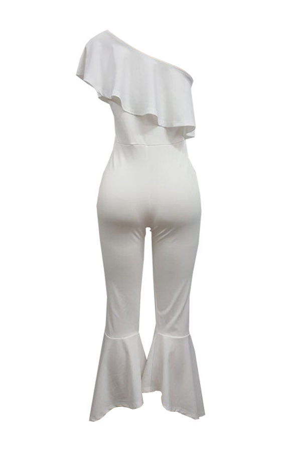  Trendy Dew Shoulder Falbala Design White Polyester One-piece Jumpsuits