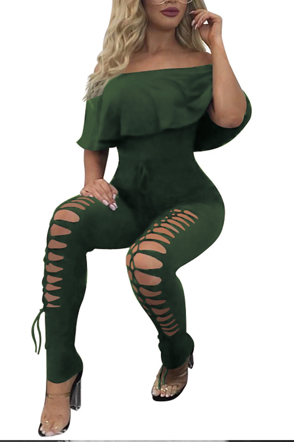  Trendy Dew Shoulder Hollow-out Army Green Polyester One-piece Jumpsuits