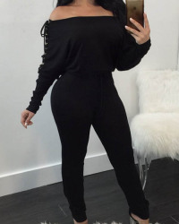  Trendy Dew Shoulder Lace-up Black Cotton Blends One-piece Jumpsuits