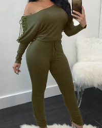  Trendy Dew Shoulder Lace-up Green Cotton Blends One-piece Jumpsuits
