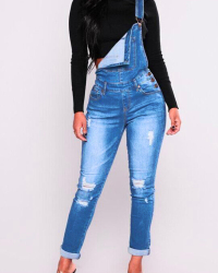  Trendy Gallus Sleeveless Broken Holes Baby Blue Denim One-piece Jumpsuits