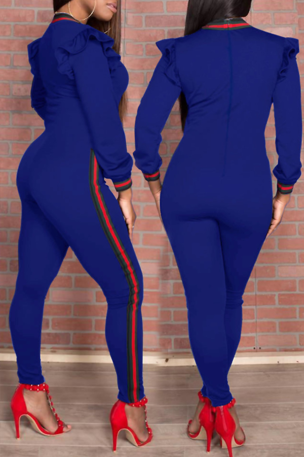  Trendy Round Neck Falbala Design Blue Polyester One-piece Jumpsuits