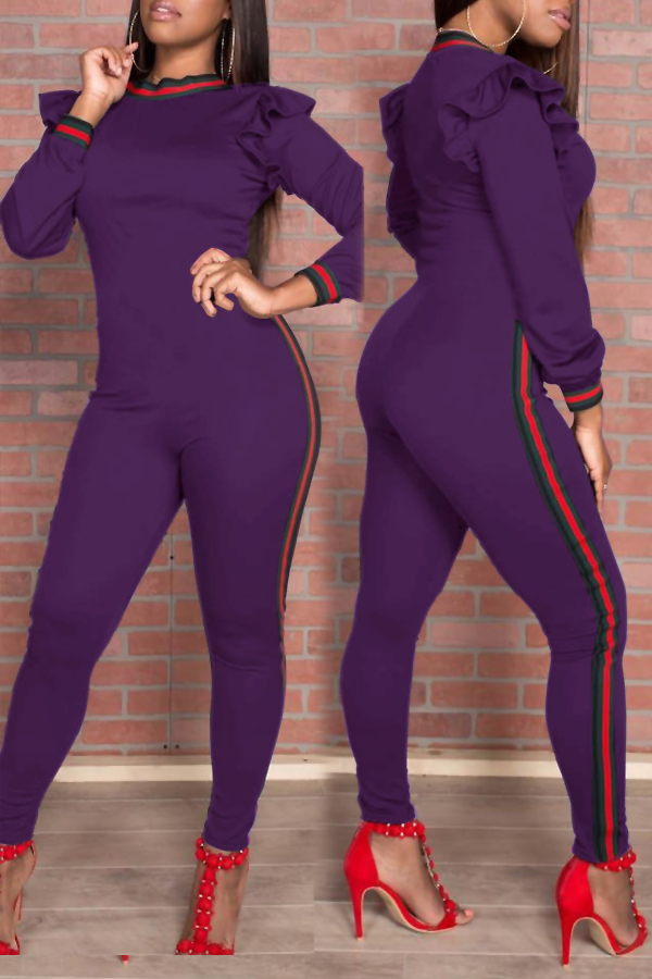  Trendy Round Neck Falbala Design Purple Polyester One-piece Jumpsuits