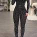  Trendy Turtleneck See-Through Hot Drilling Decorative Black Polyester One-piece Jumpsuits