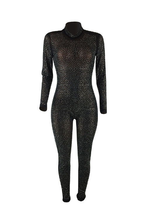  Trendy Turtleneck See-Through Hot Drilling Decorative Black Polyester One-piece Jumpsuits