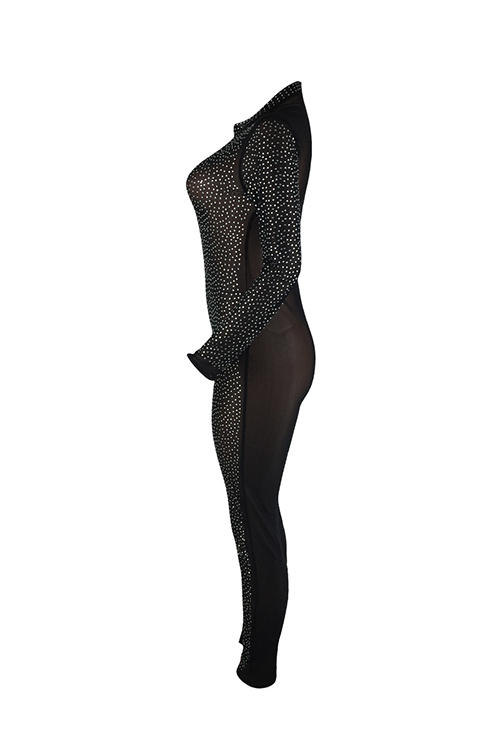  Trendy Turtleneck See-Through Hot Drilling Decorative Black Polyester One-piece Jumpsuits