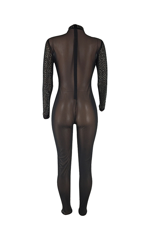  Trendy Turtleneck See-Through Hot Drilling Decorative Black Polyester One-piece Jumpsuits