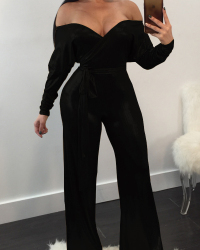 Trendy V Neck Beam Waist Black Polyester One-piece Jumpsuits(With Belt) Trendy V Neck Beam Waist Black Polyester One-piece Jumpsuits(With Belt)