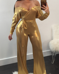 Trendy V Neck Beam Waist Gold Polyester One-piece Jumpsuits(With Belt) Trendy V Neck Beam Waist Gold Polyester One-piece Jumpsuits(With Belt)