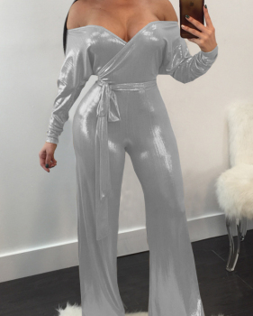 Trendy V Neck Beam Waist Silver Polyester One-piece Jumpsuits(With Belt) Trendy V Neck Beam Waist Silver Polyester One-piece Jumpsuits(With Belt)