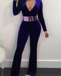 Trendy V Neck Long Sleeves Blue Velvet One-piece Jumpsuits(Without Belt) Trendy V Neck Long Sleeves Blue Velvet One-piece Jumpsuits(Without Belt)