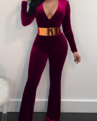  Trendy V Neck Long Sleeves Prunosus Velvet One-piece Jumpsuits(Without Belt)
