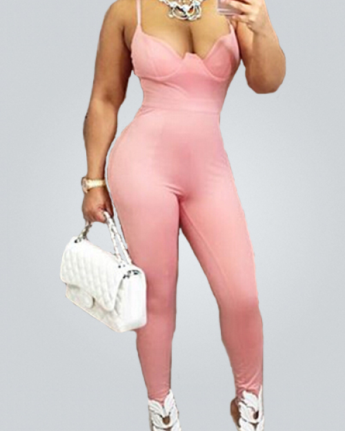 Alluring Spaghetti Strap Sleeveless Pink Polyester One-piece Skinny Jumpsuits Alluring Spaghetti Strap Sleeveless Pink Polyester One-piece Skinny Jumpsuits