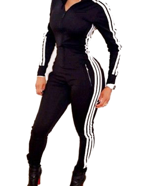 Casual Long Sleeves Patchwork Black Polyester One-piece Skinny Jumpsuits Casual Long Sleeves Patchwork Black Polyester One-piece Skinny Jumpsuits