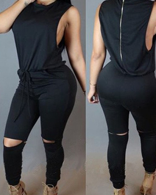 Casual O Neck Tank Sleeveless Drawstring Hollow-out Black Polyester One-piece Skinny Jumpsuits Casual O Neck Tank Sleeveless Drawstring Hollow-out Black Polyester One-piece Skinny Jumpsuits