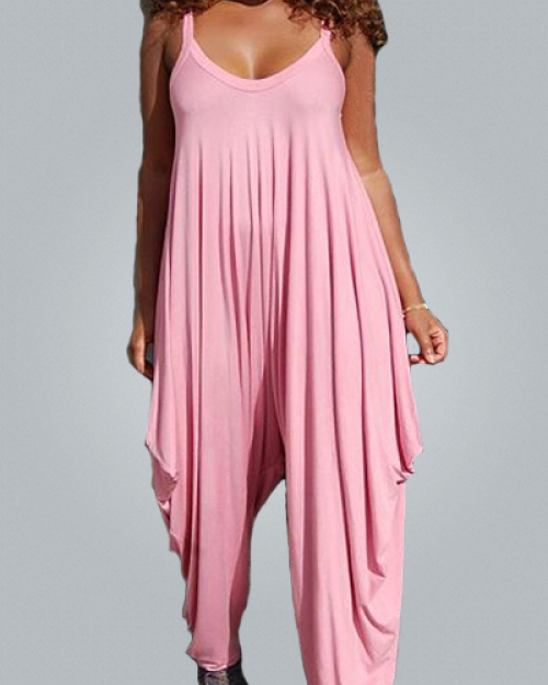 Casual U-shaped Neck Spaghetti Strap Sleeveless Asymmetrical Pink Cotton Blends One-piece Jumpsuits Casual U-shaped Neck Spaghetti Strap Sleeveless Asymmetrical Pink Cotton Blends One-piece Jumpsuits