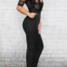 Charismatic V Neck Half Sleeves Mesh Patchwork Hollow-out Black Polyester One-piece Jumpsuits Charismatic V Neck Half Sleeves Mesh Patchwork Hollow-out Black Polyester One-piece Jumpsuits