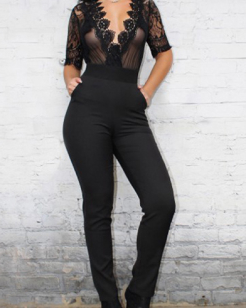 Charismatic V Neck Half Sleeves Mesh Patchwork Hollow-out Black Polyester One-piece Jumpsuits Charismatic V Neck Half Sleeves Mesh Patchwork Hollow-out Black Polyester One-piece Jumpsuits