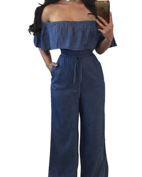 Charming Bateau Neck Falbala Design Blue Denim One-piece Jumpsuits