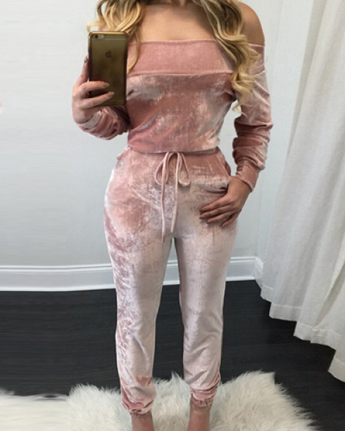 Charming Bateau Neck Long Sleeves Lace-up Pink Velvet One-piece Skinny Jumpsuits Charming Bateau Neck Long Sleeves Lace-up Pink Velvet One-piece Skinny Jumpsuits