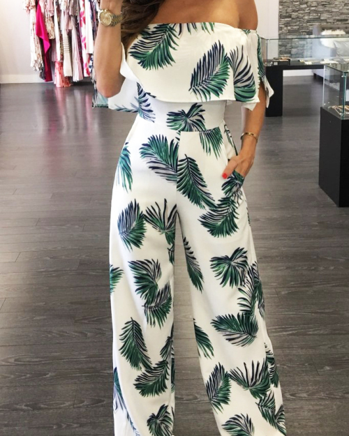 Charming Dew Shoulder Print White Milk Silk One-piece Jumpsuits(Without Accessories) Charming Dew Shoulder Print White Milk Silk One-piece Jumpsuits(Without Accessories)