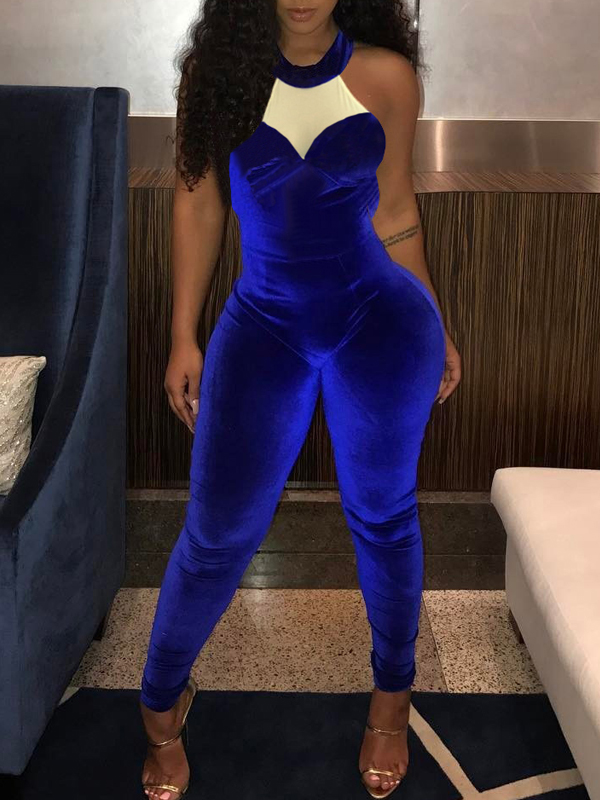 Charming Round Neck Gauze Splicing Blue Velvet One-piece Skinny Jumpsuits