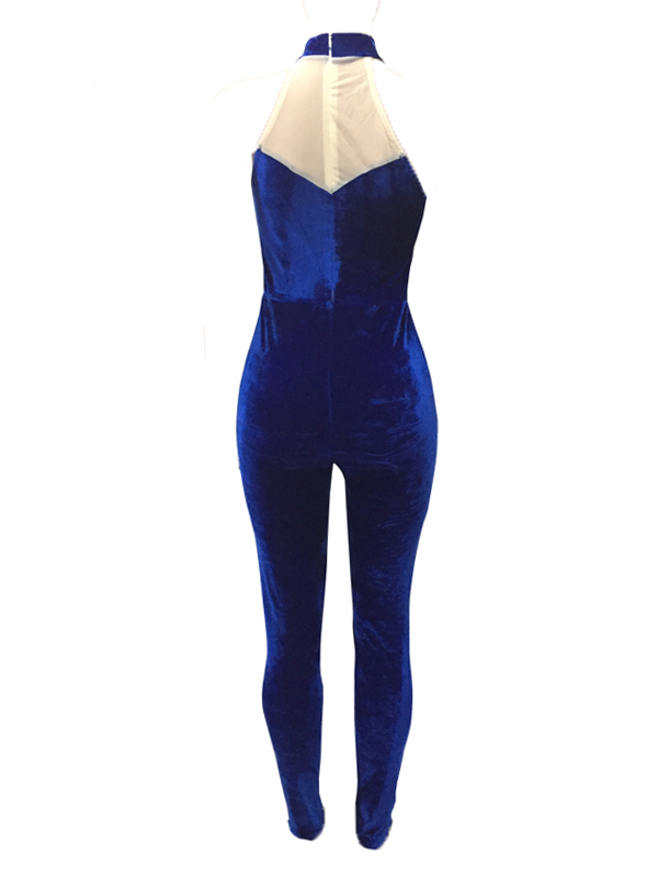 Charming Round Neck Gauze Splicing Blue Velvet One-piece Skinny Jumpsuits